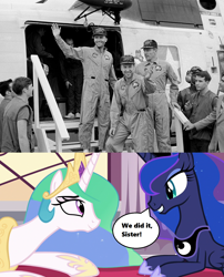 Size: 1280x1582 | Tagged: safe, edit, edited screencap, screencap, character:princess celestia, character:princess luna, species:human, episode:a royal problem, g4, my little pony: friendship is magic, apollo 13, astronaut, canterlot castle, cropped, crown, dialogue, fred haise, history, implied rescue, irl, jack swigert, jewelry, jim lovell, photo, regalia, relieved, season 7, smiling, space program, speech bubble, text, waving