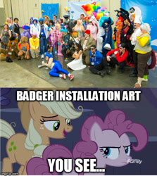 Size: 500x561 | Tagged: safe, edit, edited screencap, screencap, character:dj pon-3, character:fluttershy, character:mean applejack, character:pinkie pie, character:rainbow dash, character:twilight sparkle, character:twilight sparkle (alicorn), character:vinyl scratch, oc, oc:hoof beatz, species:alicorn, species:pony, episode:the mean 6, g4, my little pony: friendship is magic, bronycon, clone, clothing, cosplay, costume, dialogue, female, meme