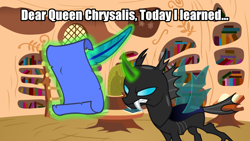 Size: 1920x1080 | Tagged: safe, edit, edited screencap, screencap, species:changeling, alternate universe, dialogue, golden oaks library, image macro, implied chrysalis, letter, meme, quill, solo, writing