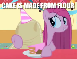Size: 1053x805 | Tagged: safe, edit, edited screencap, screencap, character:pinkamena diane pie, character:pinkie pie, species:earth pony, species:pony, episode:party of one, g4, my little pony: friendship is magic, cake, female, food, fridge horror, image macro, implied cannibalism, madame leflour, meme, solo, the implications are horrible