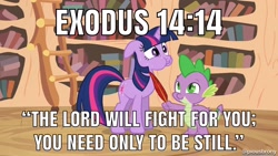 Size: 1920x1080 | Tagged: safe, edit, edited screencap, screencap, character:spike, character:twilight sparkle, episode:it's about time, g4, my little pony: friendship is magic, bible, bible verse, christianity, exodus, image macro, meme, religion, tickling