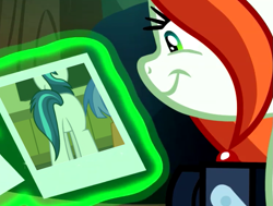 Size: 813x615 | Tagged: safe, edit, edited screencap, screencap, character:crackle cosette, character:queen chrysalis, character:shining armor, character:spearhead, episode:a flurry of emotions, episode:the mean 6, g4, my little pony: friendship is magic, camera, chrysalis' picture, disguise, disguised changeling, exploitable, exploitable meme, meme, plot