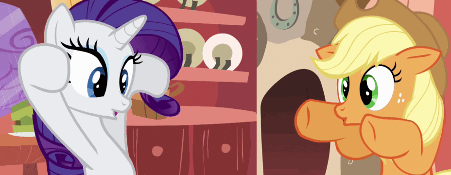 Size: 928x360 | Tagged: safe, edit, edited screencap, screencap, character:applejack, character:rarity, species:earth pony, species:pony, species:unicorn, episode:look before you sleep, g4, my little pony: friendship is magic, 2spooky, animated, clothing, comparison, cowboy hat, eyeshadow, female, gif, golden oaks library, hat, hoofy-kicks, makeup, mare, oooooh, spooky, stetson