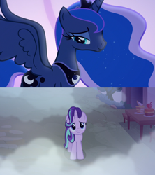 Size: 1280x1440 | Tagged: safe, edit, screencap, character:princess luna, character:starlight glimmer, episode:to where and back again, g4, my little pony: friendship is magic, cake, dream, dream walker luna, fog, food, looking down, looking up, moon, our town, plant, smiling, table