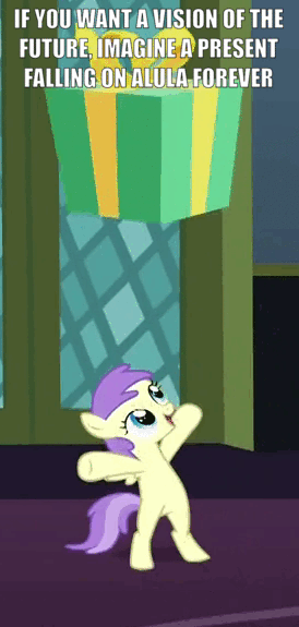 Size: 274x575 | Tagged: safe, edit, edited screencap, screencap, character:alula, character:pluto, episode:a hearth's warming tail, g4, my little pony: friendship is magic, 1984, animated, bipedal, cartoon physics, cropped, crushed, george orwell, loop, ouch, present, quote, smashing, solo, text
