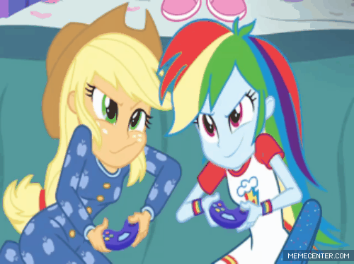 Size: 500x374 | Tagged: safe, edit, edited screencap, screencap, character:applejack, character:rainbow dash, character:twilight sparkle, equestria girls:rainbow rocks, g4, my little pony: equestria girls, my little pony:equestria girls, animated, animation error, battlefield, bed, bedroom, clothing, controller, crossover, fire, fire breathing, game, godzilla (series), laser, mechagodzilla, pajamas, planet doom, punch, rage quit, ready player one, slumber party, sore loser, television, the iron giant, the oasis