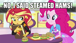Size: 1080x608 | Tagged: safe, edit, edited screencap, screencap, character:pinkie pie, character:sunset shimmer, equestria girls:mirror magic, g4, my little pony: equestria girls, my little pony:equestria girls, spoiler:eqg specials, book, bracelet, burger, chair, discovery family logo, food, geode of empathy, geode of sugar bombs, hamburger, image macro, jewelry, journal, looking at each other, magical geodes, meme, raised eyebrow, simpsons did it, smiling, steamed hams, storefront, table, television, the simpsons, tray