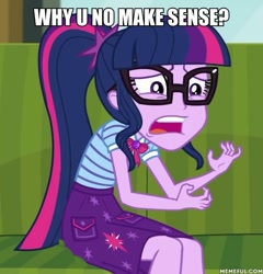 Size: 600x624 | Tagged: safe, edit, edited screencap, screencap, character:twilight sparkle, character:twilight sparkle (scitwi), species:eqg human, episode:text support, g4, my little pony: equestria girls, my little pony:equestria girls, cropped, female, geode of telekinesis, image macro, magical geodes, meme, solo