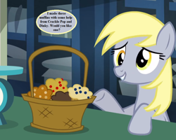 Size: 810x648 | Tagged: safe, edit, edited screencap, screencap, character:derpy hooves, episode:slice of life, g4, my little pony: friendship is magic, basket, bronybait, cropped, cute, derpabetes, dialogue, implied crackle pop, implied dinky, muffin, post office, scale, speech bubble, text, that pony sure does love muffins