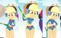 Size: 6760x4256 | Tagged: safe, edit, edited screencap, screencap, character:applejack, episode:lost and found, g4, my little pony: equestria girls, my little pony:equestria girls, absurd resolution, belly button, clothing, female, headphones, hips, sexy, shovel, solo, swimsuit, thighs