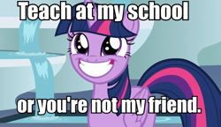 Size: 940x540 | Tagged: safe, edit, edited screencap, screencap, character:twilight sparkle, character:twilight sparkle (alicorn), species:alicorn, species:pony, episode:horse play, g4, my little pony: friendship is magic, blackmail, bronybait, cute, female, image macro, meme, school of friendship, smiling, solo, twiabetes