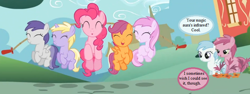 Size: 768x288 | Tagged: safe, edit, edited screencap, screencap, character:cotton cloudy, character:dinky hooves, character:pinkie pie, character:piña colada, character:ruby pinch, character:scootaloo, character:tornado bolt, species:pegasus, species:pony, episode:a friend in deed, g4, my little pony: friendship is magic, awwpplecore, cottonbetes, cropped, cute, cutealoo, dialogue, diapinkes, dinkabetes, jumprope, pinchybetes, piña cutelada, skipping rope, speech bubble, text, tornadorable