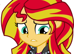 Size: 4825x3570 | Tagged: safe, edit, edited screencap, screencap, character:sunset shimmer, equestria girls:rainbow rocks, g4, my little pony: equestria girls, my little pony:equestria girls, 2015, background removed, clothing, female, jacket, leather jacket, not a vector, sad, simple background, solo, sunsad shimmer, transparent background