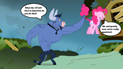 Size: 1280x720 | Tagged: safe, edit, edited screencap, screencap, character:iron will, character:pinkie pie, species:minotaur, episode:putting your hoof down, g4, my little pony: friendship is magic, bipedal, cartoon physics, censored vulgarity, confused, dialogue, eyes closed, fluttershy's cottage, grawlixes, in which pinkie pie forgets how to gravity, necktie, nose piercing, nose ring, piercing, pinkie being pinkie, pinkie physics, season 2, shocked, speech bubble, text