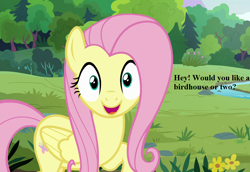 Size: 1024x704 | Tagged: safe, edit, edited screencap, screencap, character:fluttershy, episode:fluttershy leans in, g4, my little pony: friendship is magic, bronybait, cropped, cute, forest, looking at you, river, shyabetes, smiling, text