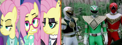 Size: 1280x480 | Tagged: safe, edit, edited screencap, screencap, character:fluttershy, episode:fake it 'til you make it, alternate hairstyle, businessmare, fluttergoth, frown, goth, gothic, green ranger, hipstershy, mighty morphin power rangers, multiple personality, power rangers, power rangers dino thunder, power rangers zeo, red ranger, severeshy, tommy oliver, white ranger