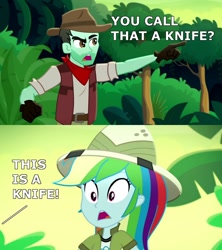 Size: 800x900 | Tagged: safe, edit, edited screencap, screencap, character:rainbow dash, episode:leaping off the page, eqg summertime shorts, g4, my little pony: equestria girls, my little pony:equestria girls, crocodile dundee, innuendo, slingshot (character), text