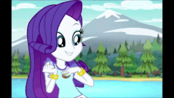 Size: 1280x720 | Tagged: safe, edit, screencap, character:rarity, equestria girls:legend of everfree, g4, my little pony: equestria girls, my little pony:equestria girls, animated, camp everfree, camp everfree logo, camp everfree outfits, cute, dancing, dancity, female, forest, lidded eyes, mountain, mountain range, music, raribetes, river, solo, sound, webm