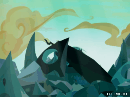 Size: 500x374 | Tagged: safe, edit, edited screencap, screencap, character:queen chrysalis, species:changeling, episode:to where and back again, g4, my little pony: friendship is magic, animated, animation error, changeling queen, chrysalis encounters heroes, clash of hasbro's titans, crossover, cybertron, female, former queen chrysalis, gif, hissing, optimus prime, sword, transformers, transformers the last knight, weapon, wrong aspect ratio