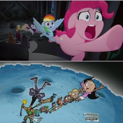 Size: 3264x3264 | Tagged: safe, edit, edited screencap, screencap, character:applejack, character:fluttershy, character:pinkie pie, character:rainbow dash, character:rarity, character:spike, my little pony: the movie (2017), a.j., chester mcbadbat, comparison, cosmo, dark laser, denzel crocker, fairly odd parents, jorgen von strangle, mark chang, offscreen character, poof, tara strong, the fairly oddparents, timmy's dad, timmy's mom, trixie tang, vicky, voice actor joke, wanda