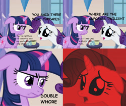 Size: 2370x1987 | Tagged: safe, edit, edited screencap, screencap, character:rarity, character:twilight sparkle, species:pony, species:unicorn, episode:games ponies play, g4, my little pony: friendship is magic, angry robotnik, comic, comic sans, cupcake, double zebra, food, implied prostitution, meme, text, twibitch sparkle, vulgar, whining