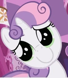 Size: 244x277 | Tagged: safe, edit, edited screencap, screencap, character:sweetie belle, episode:sleepless in ponyville, g4, my little pony: friendship is magic, c:, inverted mouth, pure unfiltered evil, sweetie frown