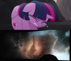 Size: 880x752 | Tagged: safe, edit, edited screencap, screencap, character:twilight sparkle, character:twilight sparkle (alicorn), species:alicorn, species:pony, my little pony: the movie (2017), spoiler:jurassic world fallen kingdom, spoilers for another series, brachiosaurus, crying, death, feels, jurassic world, jurassic world: fallen kingdom, sad