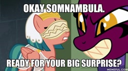Size: 600x337 | Tagged: safe, edit, edited screencap, screencap, character:somnambula, character:sphinx, species:sphinx, episode:daring done, g4, blindfold, image macro, meme