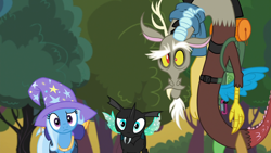 Size: 1280x720 | Tagged: safe, edit, edited screencap, screencap, character:discord, character:thorax, character:trixie, species:changeling, species:draconequus, species:pony, species:unicorn, episode:to where and back again, g4, my little pony: friendship is magic, adoracreepy, creepy, cute, diatrixes, discute, female, female pov, implied starlight glimmer, looking at you, male, mare, offscreen character, pony eyes, pony eyes edit, pov, thorabetes, tree, trio