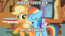 Size: 800x449 | Tagged: safe, edit, edited screencap, screencap, character:applejack, character:rainbow dash, episode:the mysterious mare do well, g4, my little pony: friendship is magic, image macro, implied appledash, implied lesbian, implied shipping, meme, sugarcube corner, table