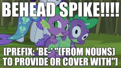 Size: 1280x720 | Tagged: safe, edit, edited screencap, screencap, character:rarity, character:spike, species:dragon, episode:scare master, g4, my little pony: friendship is magic, caption, clothing, costume, dragon costume, image macro, meme, multiple heads, nightmare night, nightmare night costume, pun, solo focus, two heads, two-headed dragon, wordplay
