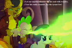 Size: 1134x756 | Tagged: safe, edit, edited screencap, screencap, character:applejack, character:capper dapperpaws, character:fluttershy, character:rainbow dash, character:rarity, character:spike, species:abyssinian, species:anthro, species:dragon, species:earth pony, species:pony, species:unicorn, my little pony: the movie (2017), behaving like a weapon, beware the nice ones, canterlot, clothing, cowboy hat, cropped, female, fire, fire breath, flamethrower spike, gilbert and sullivan, hat, lyrics, male, mare, princess ida, song reference, text, zippo spike