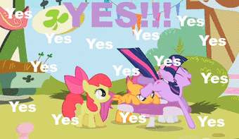 Size: 340x197 | Tagged: safe, edit, edited screencap, screencap, character:apple bloom, character:scootaloo, character:sweetie belle, character:twilight sparkle, character:twilight sparkle (unicorn), species:earth pony, species:pegasus, species:pony, species:unicorn, episode:the cutie mark chronicles, g4, my little pony: friendship is magic, animated, cute, cutie mark crusaders, female, filly, gif, happy, jumping, mare, mushroom, open mouth, twiabetes, yes yes yes