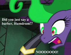 Size: 875x675 | Tagged: safe, edit, edited screencap, screencap, character:mane-iac, episode:power ponies, g4, my little pony: friendship is magic, big no, cropped, freaking out, imminent manecut, implied humdrum, text