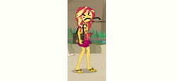 Size: 1006x464 | Tagged: safe, edit, edited screencap, screencap, character:sunset shimmer, equestria girls:forgotten friendship, g4, my little pony: equestria girls, my little pony:equestria girls, 1000 hours in ms paint, >:c, beach, clothing, cropped, downvote bait, female, flip-flops, frown, solo, swimsuit, watchu lookin at