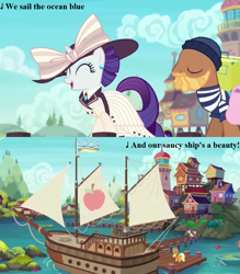 Size: 945x1080 | Tagged: safe, edit, edited screencap, screencap, character:applejack, character:rarity, species:pony, episode:p.p.o.v. (pony point of view), g4, my little pony: friendship is magic, background pony, cap, clothing, cropped, devon cody, dress, flag, gilbert and sullivan, h.m.s. pinafore, hat, lyrics, marina, pier, porter, raristocrat, sailship, seaward shoals, ship, song reference, text, unnamed pony