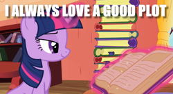 Size: 835x457 | Tagged: safe, edit, edited screencap, screencap, character:twilight sparkle, species:pony, species:unicorn, episode:spike at your service, g4, my little pony: friendship is magic, bedroom eyes, book, female, golden oaks library, image macro, innuendo, mare, meme, pun, reading, solo