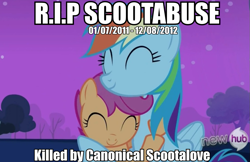 Size: 955x620 | Tagged: safe, edit, edited screencap, screencap, character:rainbow dash, character:scootaloo, species:pegasus, species:pony, episode:sleepless in ponyville, g4, my little pony: friendship is magic, caption, cute, hug, image macro, scootabuse, scootalove