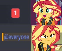 Size: 666x551 | Tagged: safe, edit, screencap, character:sunset shimmer, equestria girls:forgotten friendship, g4, my little pony: equestria girls, my little pony:equestria girls, spoiler:eqg specials, @everyone, angry, disappointed, discord (software), excited, exploitable meme, female, meme, smiling, solo