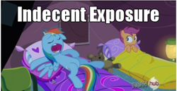 Size: 500x257 | Tagged: safe, edit, edited screencap, screencap, character:rainbow dash, character:scootaloo, species:pegasus, species:pony, episode:sleepless in ponyville, g4, my little pony: friendship is magic, floppy ears, hub logo, image macro, open mouth, snoring, teddy bear