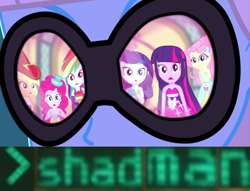 Size: 918x702 | Tagged: safe, edit, edited screencap, screencap, character:applejack, character:fluttershy, character:photo finish, character:pinkie pie, character:rainbow dash, character:rarity, character:twilight sparkle, episode:a photo booth story, eqg summertime shorts, g4, my little pony: equestria girls, my little pony:equestria girls, >shadman, eye reflection, mane six, reflection, shadman