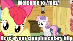Size: 626x352 | Tagged: safe, edit, edited screencap, screencap, character:apple bloom, character:sweetie belle, /mlp/, episode:one bad apple, g4, my little pony: friendship is magic, 4chan, caption, hub logo, image macro, reaction image