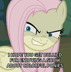 Size: 1024x1029 | Tagged: safe, edit, edited screencap, screencap, character:fluttershy, character:mean fluttershy, species:pegasus, species:pony, episode:the mean 6, g4, my little pony: friendship is magic, caption, clone, cropped, edgy, female, image macro, in character, malediction, mare, meme, meta, solo