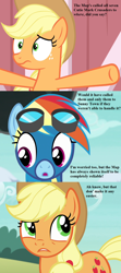 Size: 840x1890 | Tagged: safe, edit, edited screencap, screencap, character:applejack, character:rainbow dash, episode:newbie dash, episode:pinkie pride, episode:simple ways, g4, my little pony: friendship is magic, applejack's hat, barn, clothing, cloud, cowboy hat, cropped, goggles, hat, implied apple bloom, implied babs, implied cmc, implied gabby, implied scootaloo, implied sweetie belle, story of the blanks, this will end in tears and/or death and/or covered in tree sap, uniform, wonderbolts uniform, worried