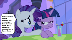 Size: 1280x720 | Tagged: safe, edit, edited screencap, screencap, character:rarity, character:twilight sparkle, episode:a canterlot wedding, g4, my little pony: friendship is magic, actor allusion, beverage, bionicle, cafe, canterlot, dialogue, frown, legends of metru nui, lego, nokama, quote, season 2, speech bubble, tabitha st. germain, table, text, voice actor joke, window