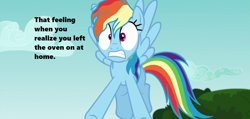 Size: 1280x608 | Tagged: safe, edit, edited screencap, screencap, character:rainbow dash, episode:every little thing she does, g4, my little pony: friendship is magic, airborne, cloud, cropped, female, freaking out, messy hair, season 6, shrunken pupils, solo, text, tfw, this will end in fire, this will not end well, tree