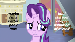Size: 1920x1080 | Tagged: safe, edit, edited screencap, screencap, character:starlight glimmer, episode:marks for effort, g4, my little pony: friendship is magic, ashamed, book, door, drawer, female, frown, globe, gritted teeth, guidance counselor, image macro, looking away, meme, sad, school of friendship, shame, solo, starlight's office, text