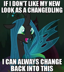 Size: 836x944 | Tagged: safe, edit, edited screencap, screencap, character:queen chrysalis, species:changeling, species:pony, species:reformed changeling, episode:the mean 6, g4, my little pony: friendship is magic, adorkable, changeling queen, character development, cropped, cute, cutealis, dork, dorkalis, excited, female, fridge brilliance, happy, image macro, meme, meta, mind blown, open mouth, pun, realization, reformed, shapeshifting, silly, silly pony, solo, sudden realization