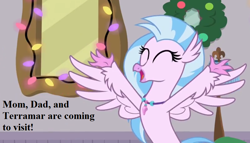 Size: 896x512 | Tagged: safe, edit, edited screencap, screencap, character:silverstream, episode:the hearth's warming club, g4, my little pony: friendship is magic, spoiler:s08, cropped, cute, diastreamies, excited, eyes closed, happy, hearth's warming lights, implied ocean flow, implied sky beak, implied terramar, jewelry, mirror, necklace, spread arms, spread wings, text, wings, wreath