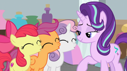 Size: 1920x1080 | Tagged: safe, edit, edited screencap, screencap, character:apple bloom, character:scootaloo, character:starlight glimmer, character:sweetie belle, species:earth pony, species:pegasus, species:pony, species:unicorn, episode:marks for effort, g4, my little pony: friendship is magic, cutie mark crusaders, duckface, eyes closed, female, filly, imminent kissing, implied lesbian, implied shipping, leaning, lidded eyes, lifted leg, mare, out of context, school of friendship, smiling
